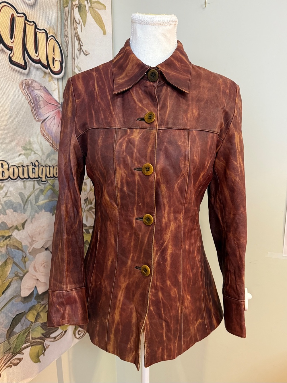 Brown Lamb Leather Button Front Jacket